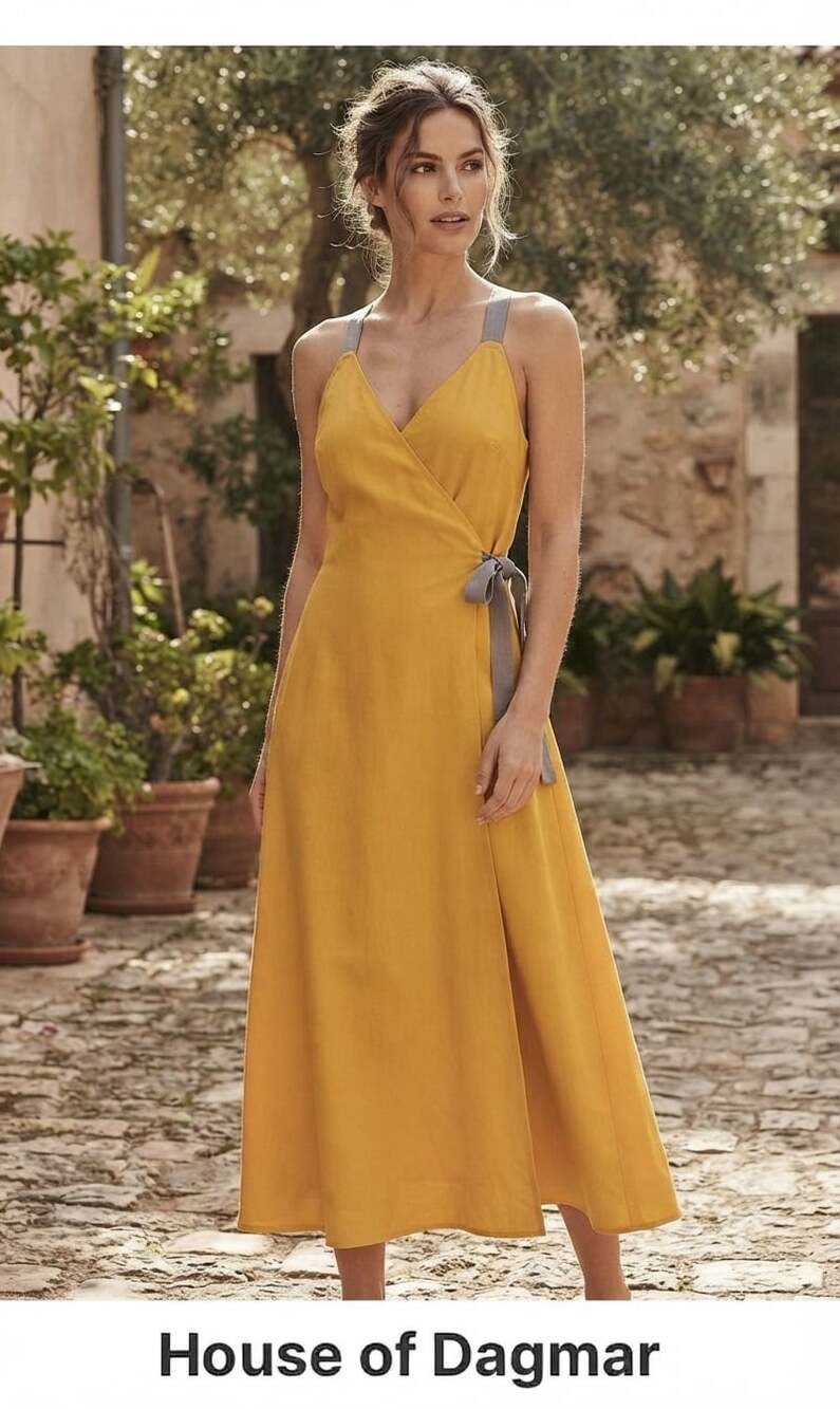 House of Dagmar Yellow Sleeveless V-Neck Wrap Midi Dress with Grey Strap Detail